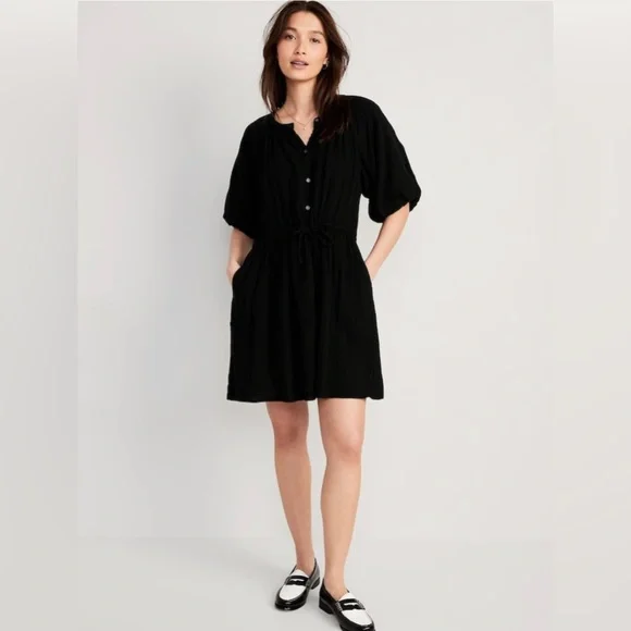NWT! Black Waist-Defined Puff-Sleeve Mini Poet Dress - Size XL Tall - Picture 1 of 8